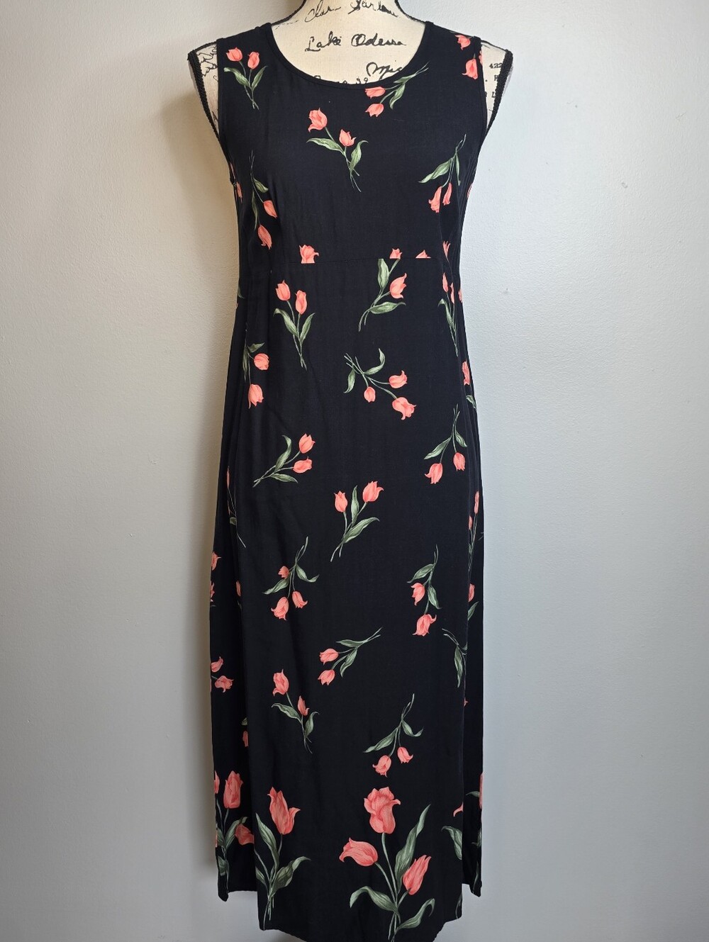 90's Y2k Black Floral Sleeveless Midi Dress with Pink Tulips Sz 6